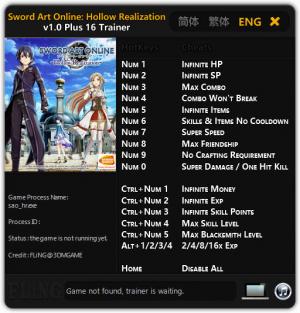 Sword Art Online: Hollow Realization Deluxe Edition Trainer for PC game version  v1.0