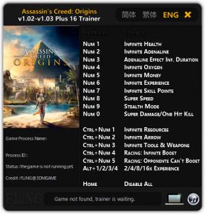 Assassin's Creed: Origins Trainer for PC game version v1.02 - 1.03