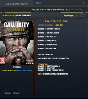 Call of Duty: WW2 Trainer for PC game version v1.01 Update 05.11.17