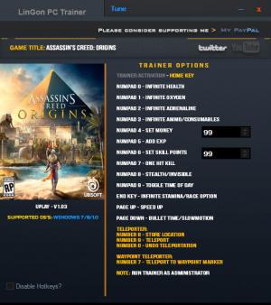 Assassin's Creed: Origins Trainer for PC game version v1.03