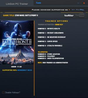 Star Wars: Battlefront 2 2017 Trainer for PC game version v1.02 Update 16 Nov 2017