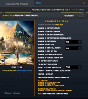 Assassin's Creed: Origins Trainer for PC game version v1.05