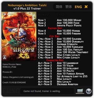 Nobunaga's Ambition: Taishi Trainer for PC game version v1.0
