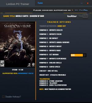 Middle-earth: Shadow of War Trainer for PC game version v1.06