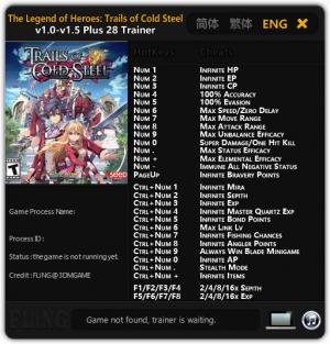 The Legend of Heroes: Trails of Cold Steel Trainer for PC game version v1.0 - 1.5