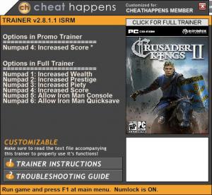 Crusader Kings 2 Trainer for PC game version v2.8.1.1 ISRM