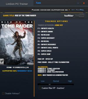 Rise of the Tomb Raider Trainer for PC game version v1.0 Build 813.4_64
