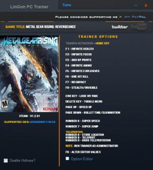 Metal Gear Rising: Revengeance Trainer for PC game version v1.2.01