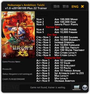 Nobunaga's Ambition: Taishi Trainer for PC game version  v1.0 - 2018.01.09