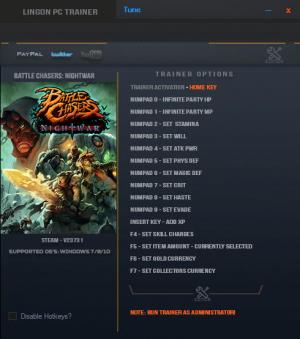 Battle Chasers: Nightwar Trainer for PC game version v23731