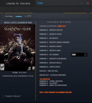 Middle-earth: Shadow of War Trainer for PC game version v1.0.16.0