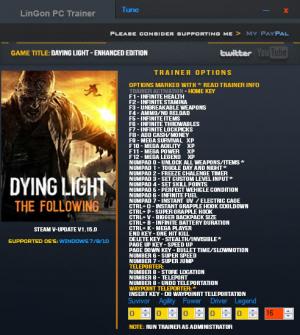 Dying Light: The Following - Enhanced Edition Trainer for PC game version v1.15.0  Update 16 Feb 2018