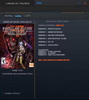 Sword Art Online: Fatal Bullet Trainer for PC game version v1.01