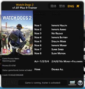 Watch Dogs 2 Trainer for PC game version v1.07 - 1.17
