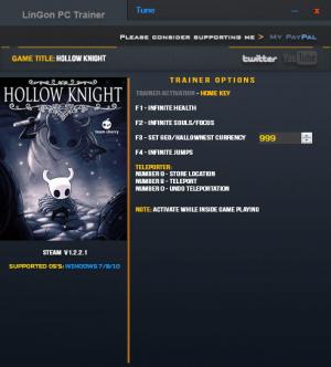 Hollow Knight Trainer for PC game version v1.2.2.1