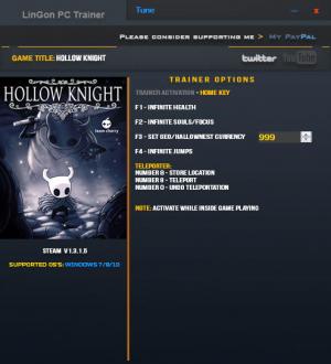 Hollow Knight Trainer for PC game version v1.3.1.5