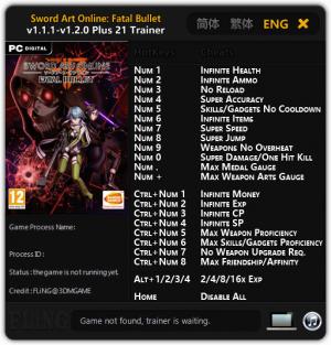 Sword Art Online: Fatal Bullet Trainer for PC game version v1.1.1 - 1.2.0