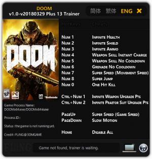 Doom 2016 Trainer for PC game version v1.0 Update 2018.03.29