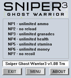 Sniper: Ghost Warrior 3 Trainer for PC game version v1.08