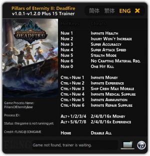 Pillars of Eternity 2: Deadfire Trainer for PC game version v1.0.1 - 1.2.0