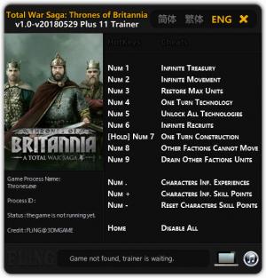 Total War Saga: Thrones of Britannia Trainer for PC game version v1.0 Update 2018.05.29
