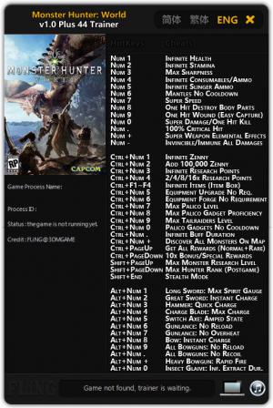 Monster Hunter: World Trainer for PC game version v1.0