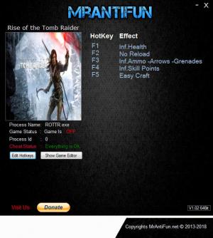 Rise of the Tomb Raider Trainer for PC game version v1.00 Build 813.64