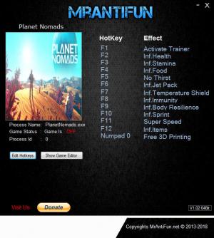 Planet Nomads Trainer for PC game version v0.9.5.0