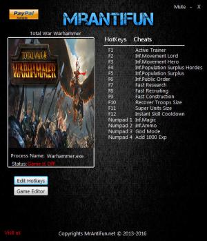 Total War: Warhammer Trainer for PC game version v1.6.0 Build 14837