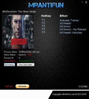 Wolfenstein: The New Order Trainer for PC game version v1.0.0.2