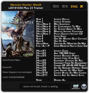 Monster Hunter: World Trainer for PC game version v2018.10.30 Steam
