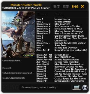 Monster Hunter: World Trainer for PC game version v2018.11.09 Steam