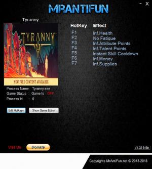 Tyranny Trainer for PC game version v1.2.1.0160