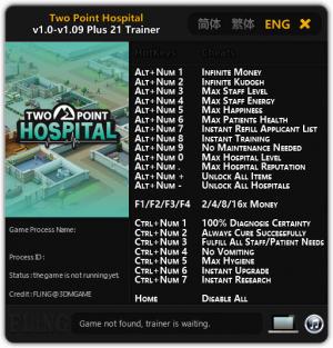 Two Point Hospital Trainer for PC game version v1.09