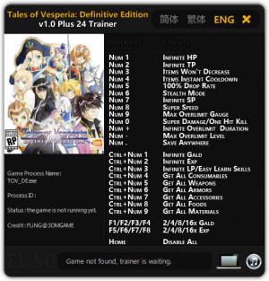 Tales of Vesperia: Definitive Edition Trainer for PC game version v1.0