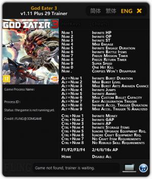 God Eater 3 Trainer for PC game version v1.11