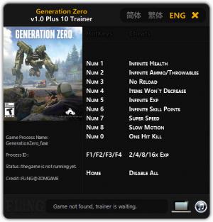 Generation Zero Trainer for PC game version v1.0