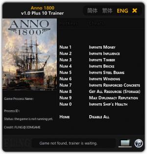 Anno 1800  Trainer for PC game version v1.0
