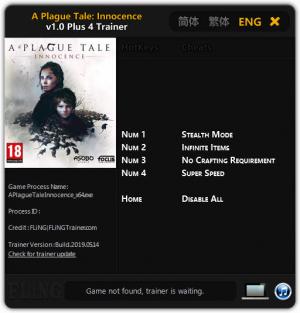 A Plague Tale: Innocence Trainer for PC game version  v1.0