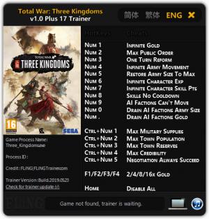 Total War: THREE KINGDOMS Trainer for PC game version v1.0