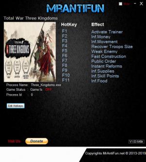 Total War: THREE KINGDOMS Trainer for PC game version v1.00