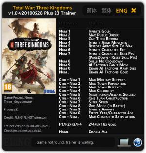 Total War: THREE KINGDOMS  Trainer for PC game version v28.05.2019
