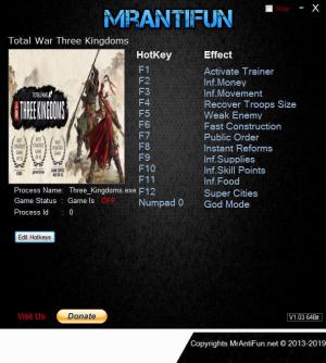 Total War: THREE KINGDOMS Trainer for PC game version v1.00 Build 9292