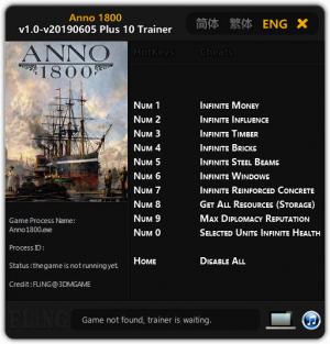 Anno 1800 Trainer for PC game version v05.06.2019