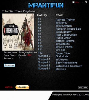 Total War: THREE KINGDOMS Trainer for PC game version  v1.00 Build 9292