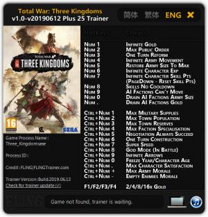 Total War: THREE KINGDOMS Trainer for PC game version v12.06.2019