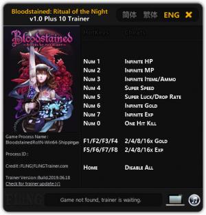 Bloodstained: Ritual of the Night Trainer for PC game version v1.0