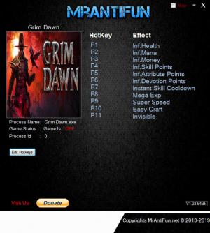 Grim Dawn Trainer for PC game version v1.1.3.0
