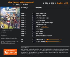 FINAL FANTASY VIII Remastered Trainer for PC game version v29.10.2019