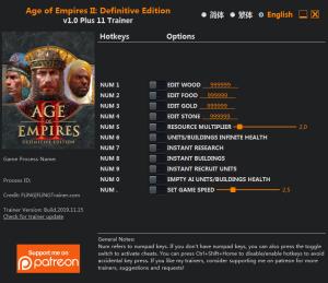 Age of Empires II: Definitive Edition Trainer for PC game version v1.0